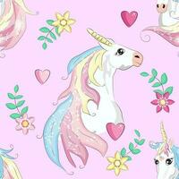 Seamless pattern with cute unicorns, clouds,rainbow and stars. Magic background with little unicorns vector