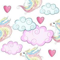 Seamless pattern with cute unicorns, clouds,rainbow and stars. Magic background with little unicorns vector