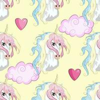 Seamless pattern with cute unicorns, clouds,rainbow and stars. Magic background with little unicorns vector