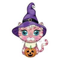 Cartoon cat in purple witch hat with broom, pumpkin, potion. Halloween character, poster. symbol of 2023 vector