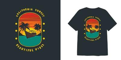 canoa y palma California puesta de sol camiseta hermosa ilustración diseño y pegatinas vector