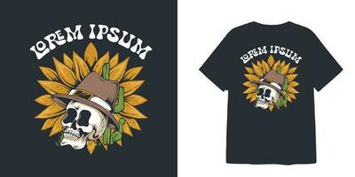 vintage style cowboy skull and sunflower for t-shirt and vector