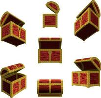 Vector illustration of an ajar empty chests in different angles. Illustrations of ajar empty chests in vector. Chest vector graphic on transparent background, chests vector.