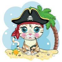 Cat pirate, cartoon character of the game, wild animal cat in a bandana and a cocked hat with a skull, with an eye patch. vector