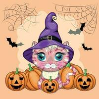 Cartoon cat in purple witch hat with broom, pumpkin, potion. Halloween character, poster. symbol of 2023 vector