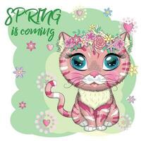 Cartoon cat with a wreath. Spring is coming. Cute child character, symbol of 2023 new chinese year vector