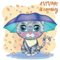 Cartoon cat with an umbrella. Autumn is coming. Cute child character, symbol of 2023 new chinese year vector