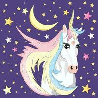 kawaii noche cielo composición con unicornio rosas estrellas y Luna creciente aislado en whte antecedentes. festivo antecedentes o saludo tarjeta. pastel godo paleta. vector