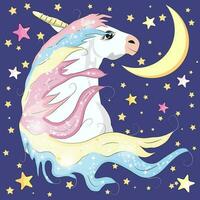 kawaii noche cielo composición con unicornio rosas estrellas y Luna creciente aislado en whte antecedentes. festivo antecedentes o saludo tarjeta. pastel godo paleta. vector