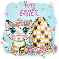 Cute cartoon Cat near a beautiful Easter basket full of eggs. Happy Easter card vector