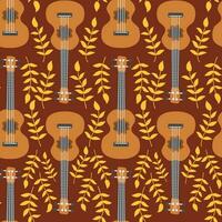 Ukulele seamless pattern, ukulele. Pattern with monstera, leaves, flowers, notes, inscriptions vector