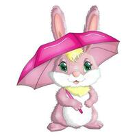 Cartoon rabbit, hare with an umbrella. Autumn, Cute childish character, symbol of 2023 Chinese New Year vector