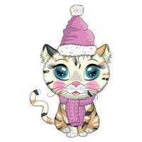 Cute cartoon cat wearing santa hat and scarf. Winter 2023, Christmas and Chinese New Year. vector