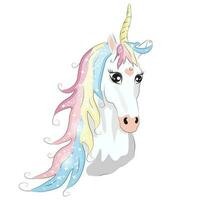 White Unicorn illustration for children design. Rainbow hair. Isolated. Cute fantasy animal. vector