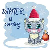 Cute cartoon cat in a Santa hat on a background of snow. Winter 2023, Christmas and Chinese New Year. vector