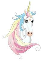 White Unicorn illustration for children design. Rainbow hair. Isolated. Cute fantasy animal. vector