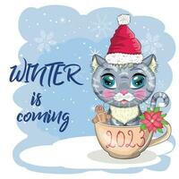 Cute cartoon cat in a Santa hat on a background of snow. Winter 2023, Christmas and Chinese New Year. vector