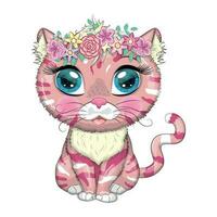 Cartoon cat with a wreath. Spring is coming. Cute child character, symbol of 2023 new chinese year vector