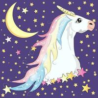 kawaii noche cielo composición con unicornio rosas estrellas y Luna creciente aislado en whte antecedentes. festivo antecedentes o saludo tarjeta. pastel godo paleta. vector