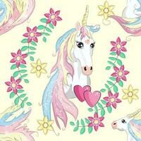 Seamless pattern with cute unicorns, clouds,rainbow and stars. Magic background with little unicorns vector