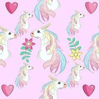 Seamless pattern with cute unicorns, clouds,rainbow and stars. Magic background with little unicorns vector