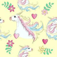 Seamless pattern with cute unicorns, clouds,rainbow and stars. Magic background with little unicorns vector