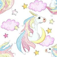 sin costura modelo con linda unicornios, nubes, arcoiris y estrellas. magia antecedentes con pequeño unicornios vector