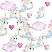 sin costura modelo con linda unicornios, nubes, arcoiris y estrellas. magia antecedentes con pequeño unicornios vector