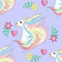 Seamless pattern with cute unicorns, clouds,rainbow and stars. Magic background with little unicorns vector