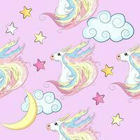 Seamless pattern with cute unicorns, clouds,rainbow and stars. Magic background with little unicorns vector