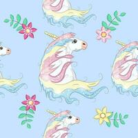 Seamless pattern with cute unicorns, clouds,rainbow and stars. Magic background with little unicorns vector