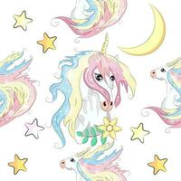 sin costura modelo con linda unicornios, nubes, arcoiris y estrellas. magia antecedentes con pequeño unicornios vector