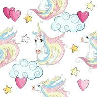 sin costura modelo con linda unicornios, nubes, arcoiris y estrellas. magia antecedentes con pequeño unicornios vector