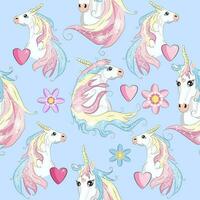 Seamless pattern with cute unicorns, clouds,rainbow and stars. Magic background with little unicorns vector