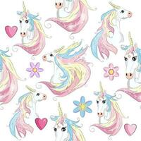 Seamless pattern with cute unicorns, clouds,rainbow and stars. Magic background with little unicorns vector