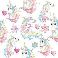 Seamless pattern with cute unicorns, clouds,rainbow and stars. Magic background with little unicorns vector