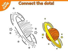 Kids game Dot to dot. Connect the dots, draw cartoon Saturn and rings in space. Coloring sheet. Page of activity book for kids. Puzzle for preschool and school children. Vector planet of solar system.