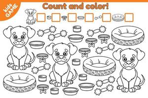 Counting game for preschool children. Educational a mathematical game with cartoon dog and dog accessories. Count how many object and write the result. Coloring page for kids. Vector illustration.