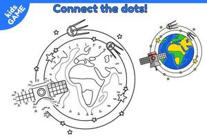 Game connect the dots and draw the cartoon planet Earth with probe and satellites in space. Activity book for children. Puzzle for preschool and school kids. Vector globe of solar system in cosmos.