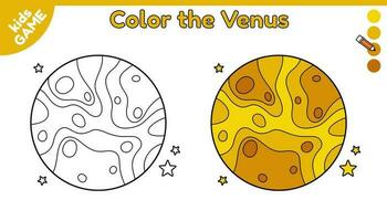 Page of coloring book for kids. Color cartoon the Venus in space. Outline planet of solar system. Activity for preschool and school children. Black and white and colorful illustration. Vector design.