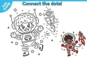 Dot to dot game for children. Connect the dots, draw a cartoon astronaut boy african american with rocket in space and color it. Activity book for kids. Vector spaceman dark skinned in cosmos.