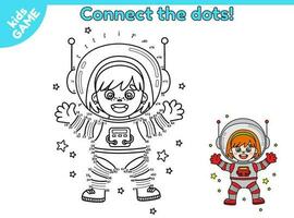 Dot to dot by numbers game for children. Connect the dots and draw a cartoon astronaut girl in space. Educational activity book for kids. Puzzle for preschool and school education. Vector spaceman.