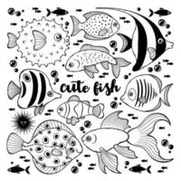 Black and white vector set of outline cartoon cute fish. Contour underwater sea and ocean animals. Clipart swimming undersea creatures isolated on white background. Great for coloring pages for kids