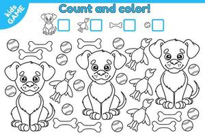 Educational math game for kids. Count how many dogs and dog toys and write down the result. Coloring page with cartoon dog and dog toys. Educational worksheet for children. Vector illustration.