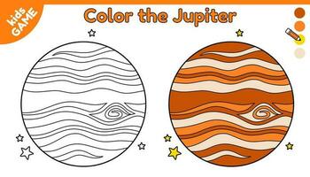 Page of coloring book for kids. Color cartoon the Jupiter in space. Outline planet of solar system. Activity for preschool and school children. Black and white and colorful illustration. Vector design