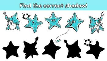 Kids game. Find the correct shadow. Education puzzle for preschool and school children. Page of activity book. Cartoon funny starfishes in sea. Cute ocean animals. Isolated vector illustration.