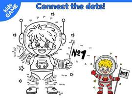 Numbers game. Dot to dot educational game for children. Connect the dots and draw a cartoon astronaut boy in space. Page of activity book for preschool and preschool kids. Vector spaceman in cosmos.