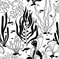 Vector seamless black and white pattern with seaweed and fishes. Design on nautical theme. Perfect for wallpaper, fabric, textile, wrapping paper and other.