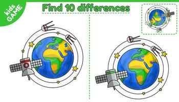 Educational game for kids. Find 10 differences. Cartoon planet Earth with probe, stars and satellites in space. Puzzle for children. Worksheet for preschool and school education. Vector illustration.