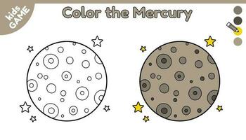 Page of coloring book for kids. Color cartoon the Mercury in space. Outline planet of solar system. Activity for preschool and school children. Black and white and colorful illustration. Vector design